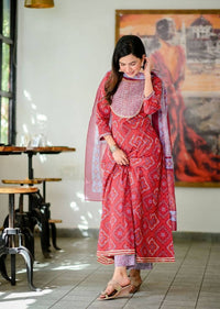 Thumbnail for Yufta Women Red Handblock Printed A-Line Kurta & Trouser With Embroidery & Dupatta