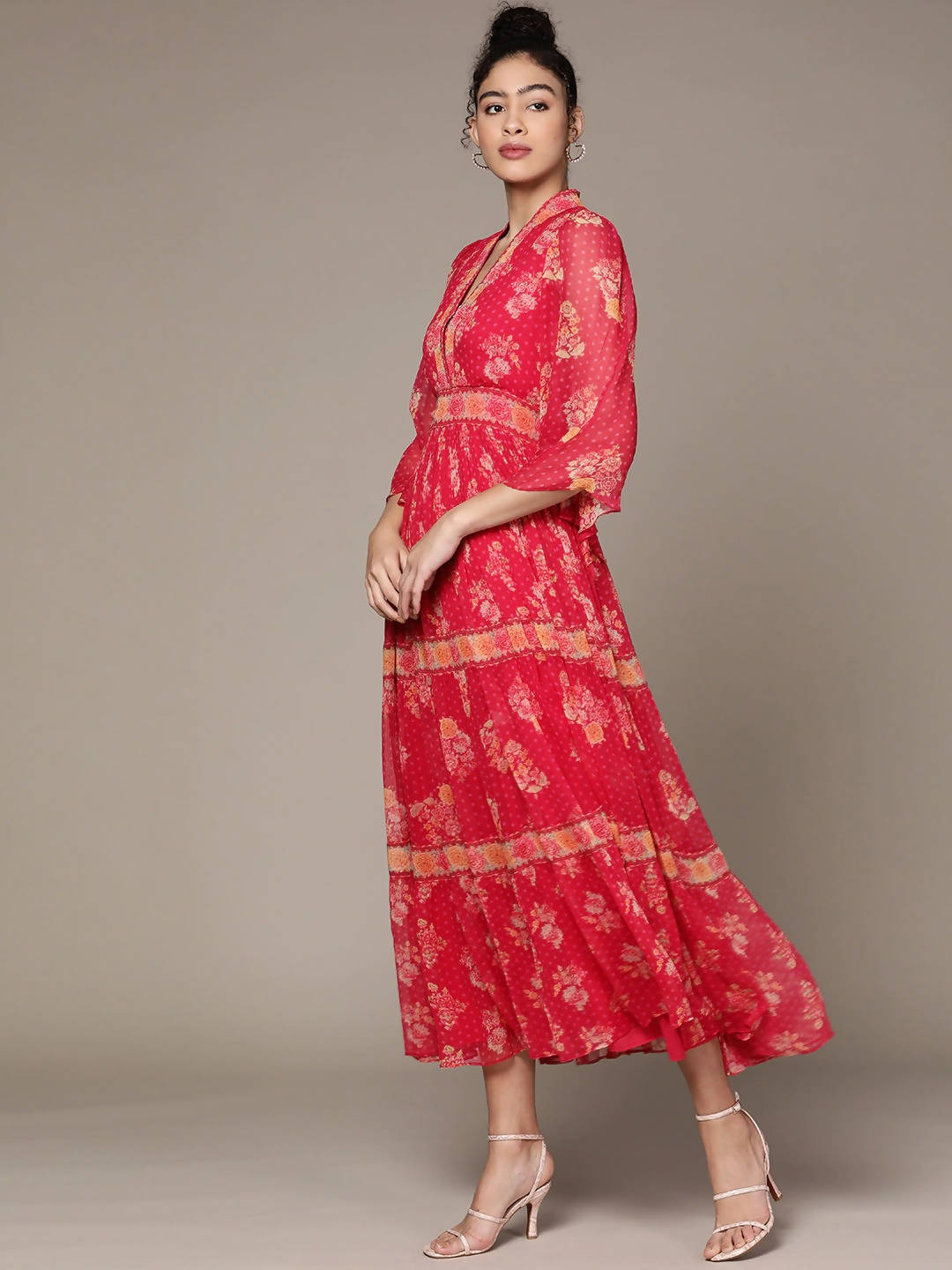 Ritu Kumar Rose Pink & Mustard Yellow Floral Print V-Neck Flared Sleeves Empire Midi Dress - Distacart