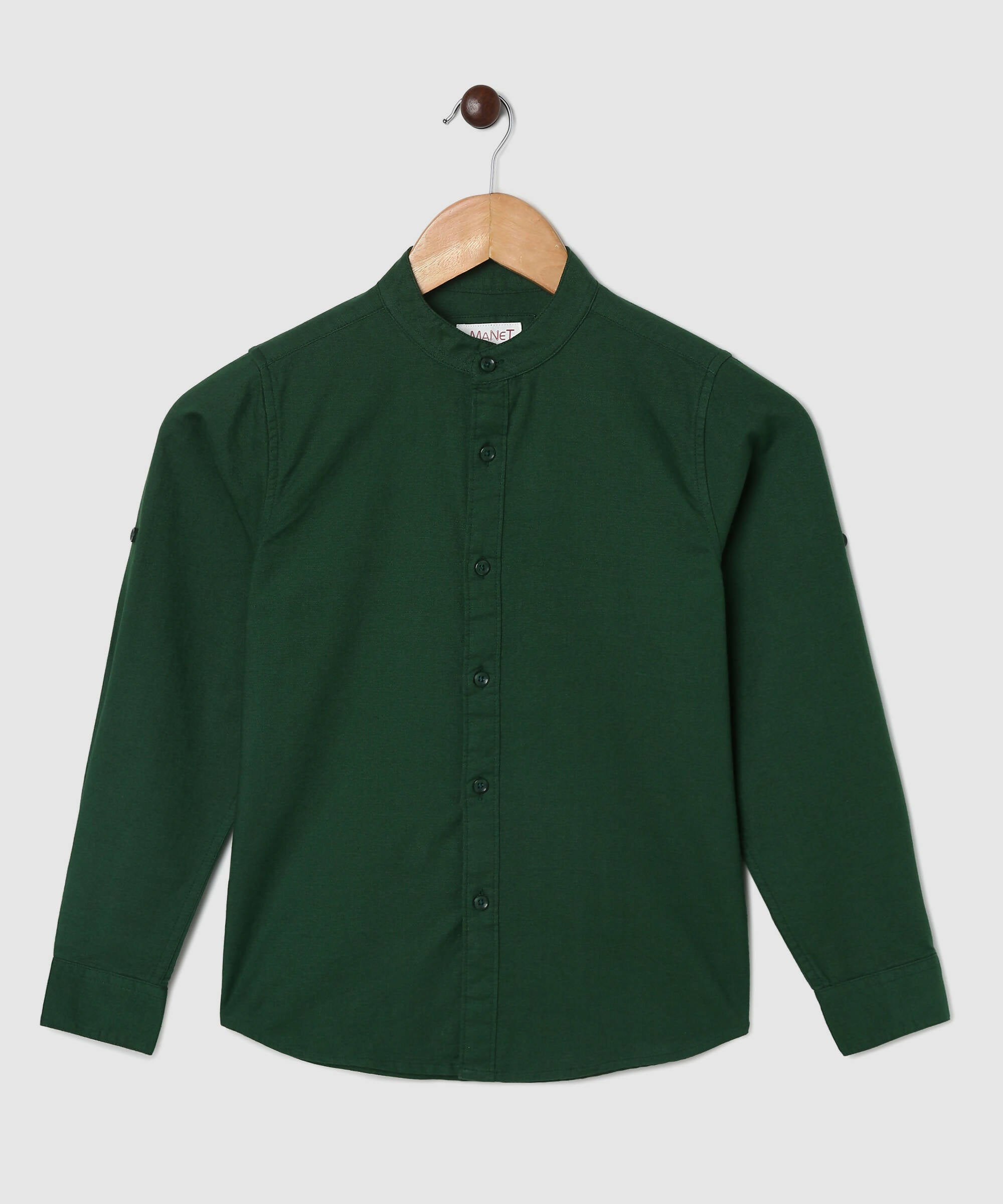 Manet Boys Mandarin Collar Full Sleeves Melange Shirt - Green - Distacart