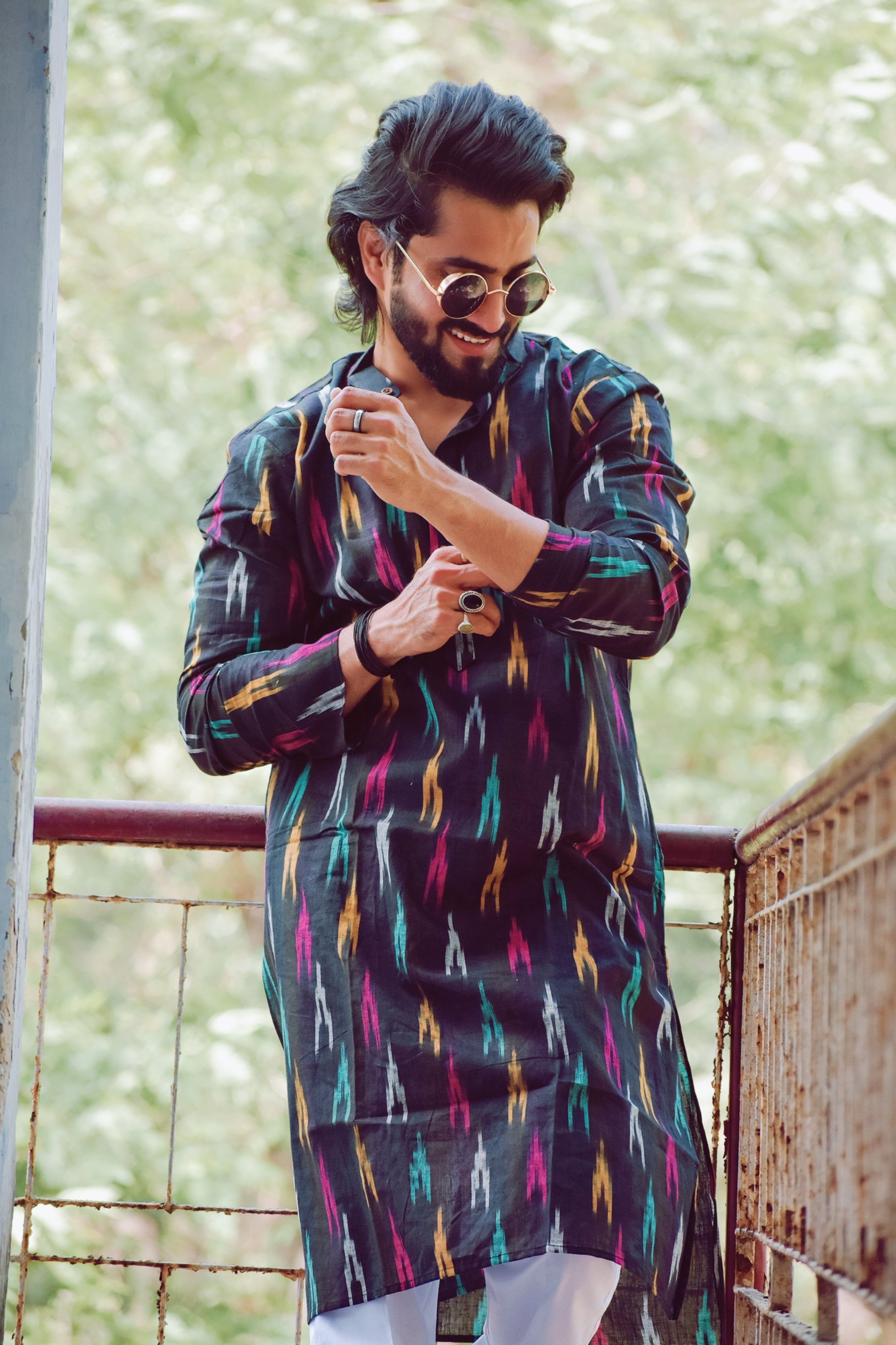 Jompers Men Black Woven Design Ikkat Straight Kurta Only - Distacart