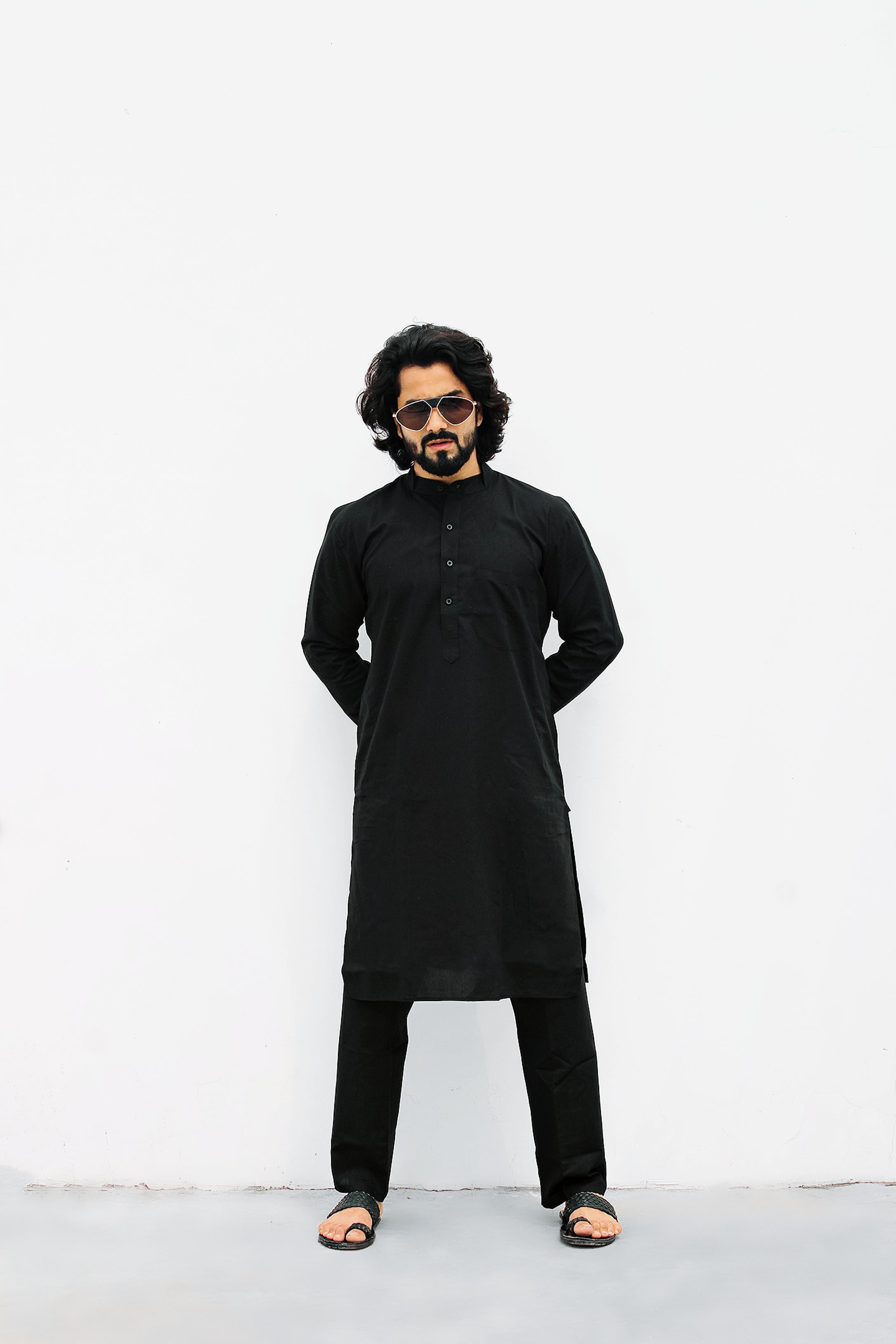 Jompers Men's Black Solid Cotton Kurta Payjama Set