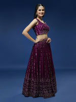 Thumbnail for House of Panchhi Women Burgundy Pure Georgette Sequinse Embroidered Lehenga & Blouse, Dupatta - Distacart