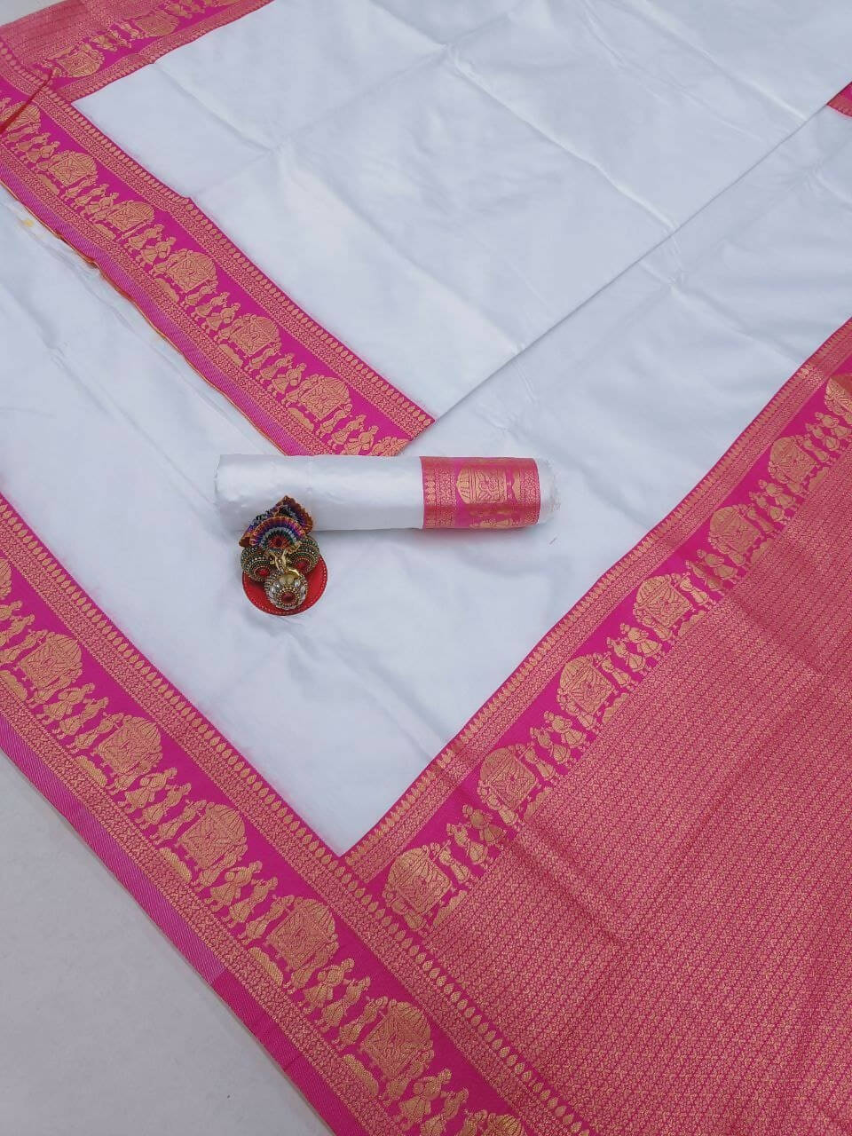 DEIANA'S Beautiful Golden Jari with New Design Soft Lichi Silk Saree - White - Distacart