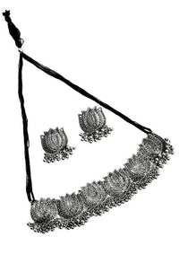 Thumbnail for Tehzeeb Creations Silver Colour Oxidised Necklace And Earring With Lotus Design