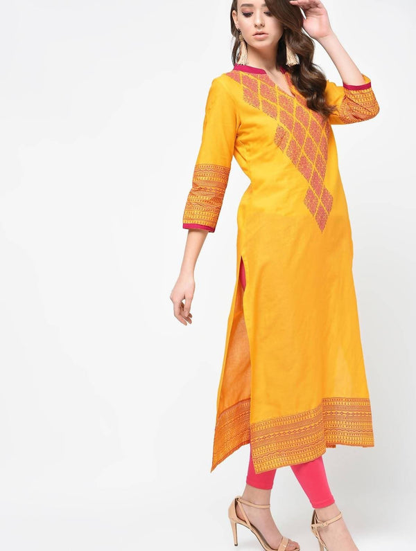 Cheera Hand Block Print Mustard Color Latest Fashion Straight Kurta