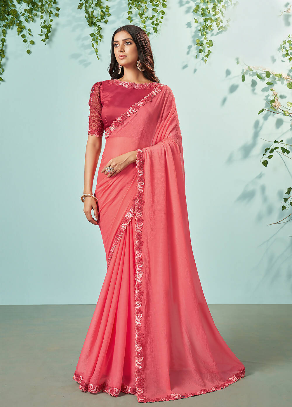 Peach Barbarie Chiffon Solid Saree With Unstitched Blouse Piece - Norita Ikshita - Distacart