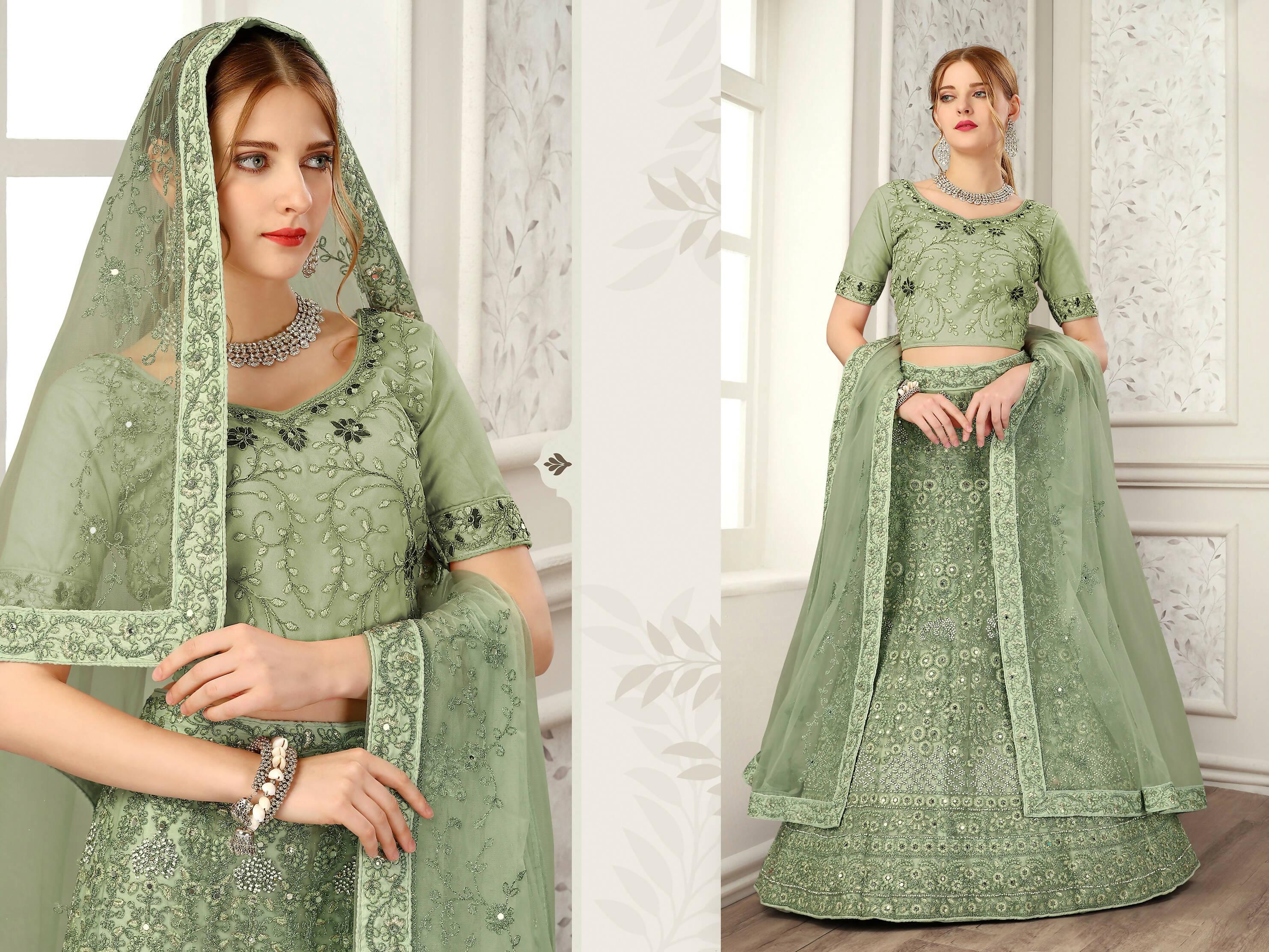 Green Net Fancy Zari Embroidered work Lehenga Choli with Dupatta - Heer - Distacart