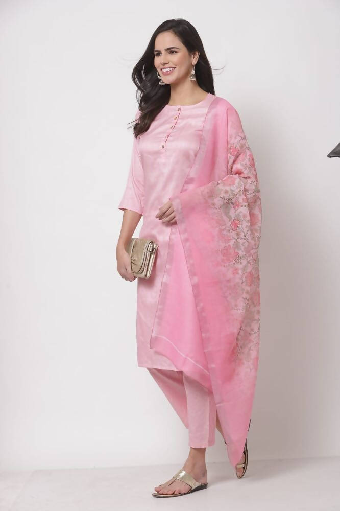 Myshka Women's Cotton 3/4 Sleeve Round Neck Casual Pink Kurta Pant Dupatta Set