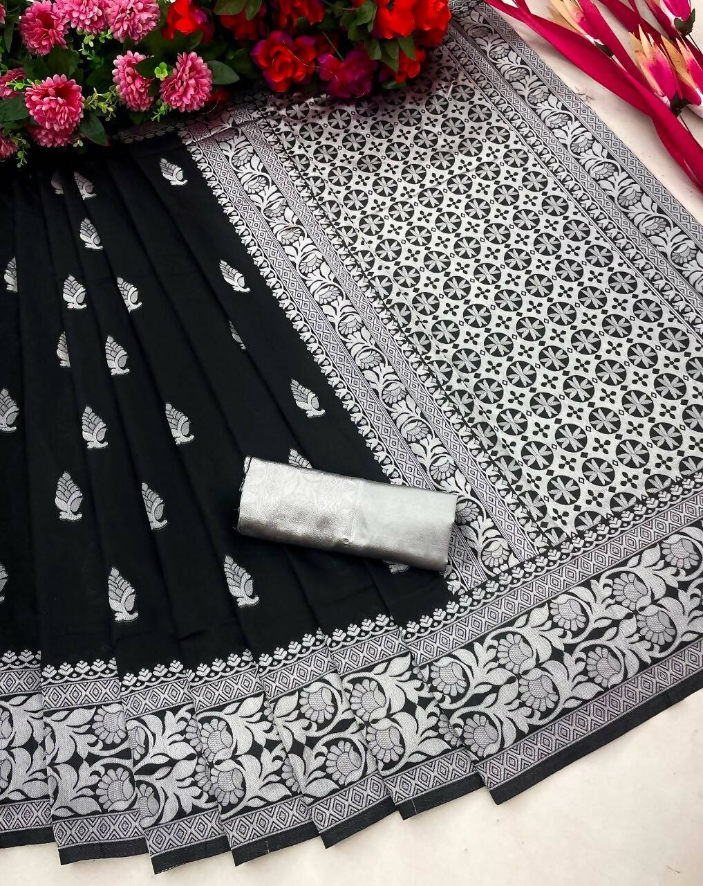 DEIANA'S Beautiful Golden Jari with New Design Soft Lichi Silk Saree - Black - Distacart