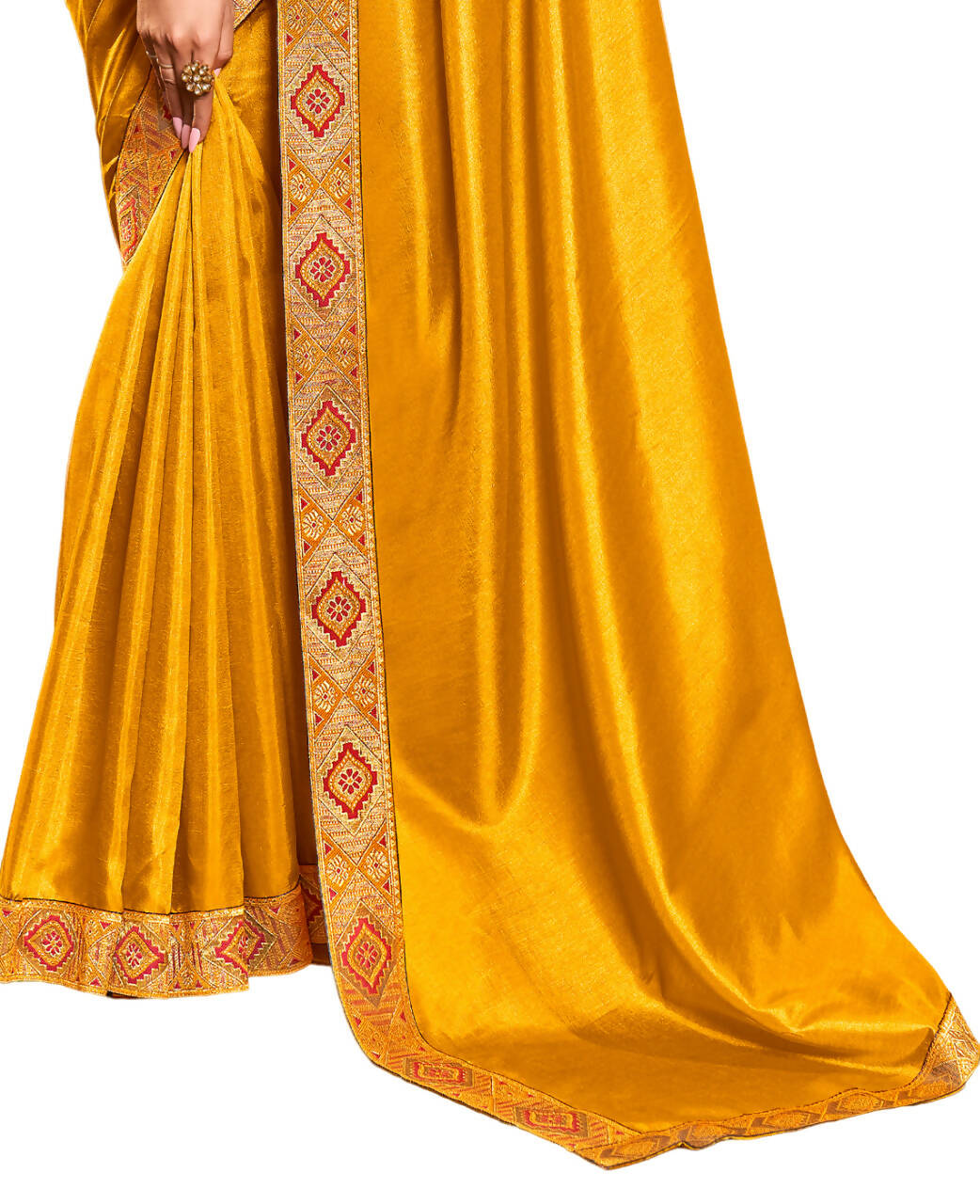 Mustard Solid Vichitra Saree With Unstitched Blouse Piece - Selena - Distacart
