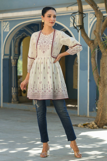 Juniper Women's White & Maroon Cambric Floral Printed Tunic - Distacart