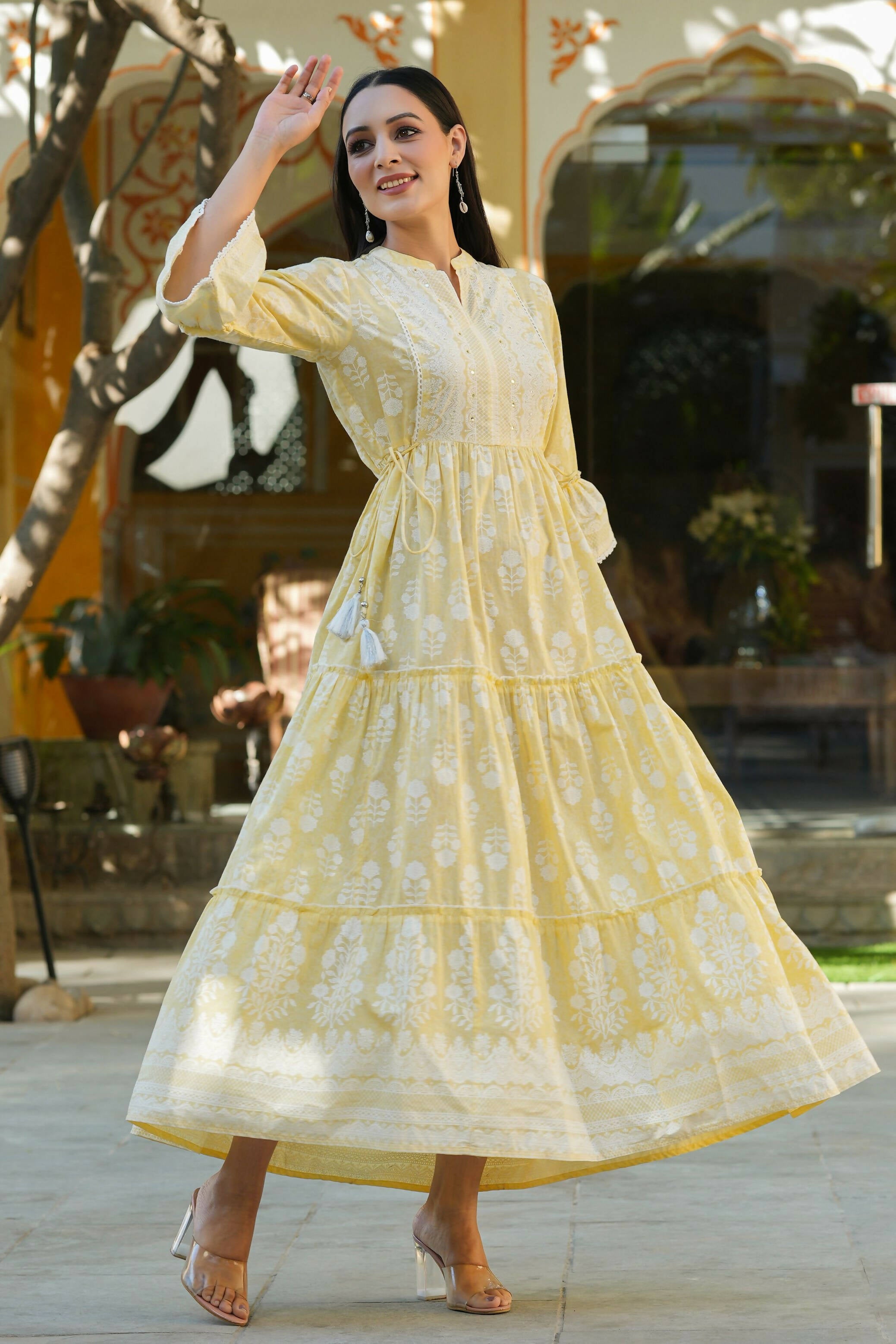 Juniper Women's Lemon Yellow Printed Teired Dress - Distacart