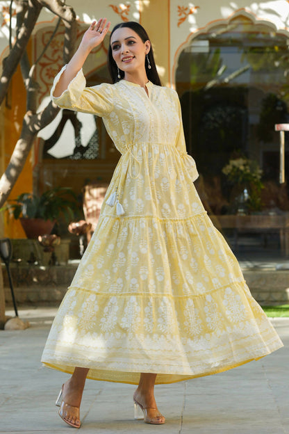 Juniper Women's Lemon Yellow Printed Teired Dress - Distacart