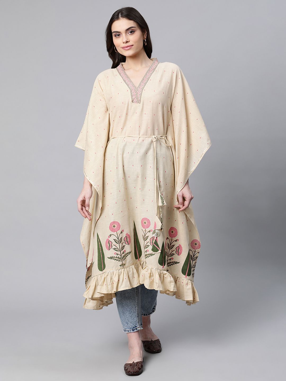 Ahalyaa Women Beige Pure Cotton Floral Printed Kaftan Kurta - Distacart