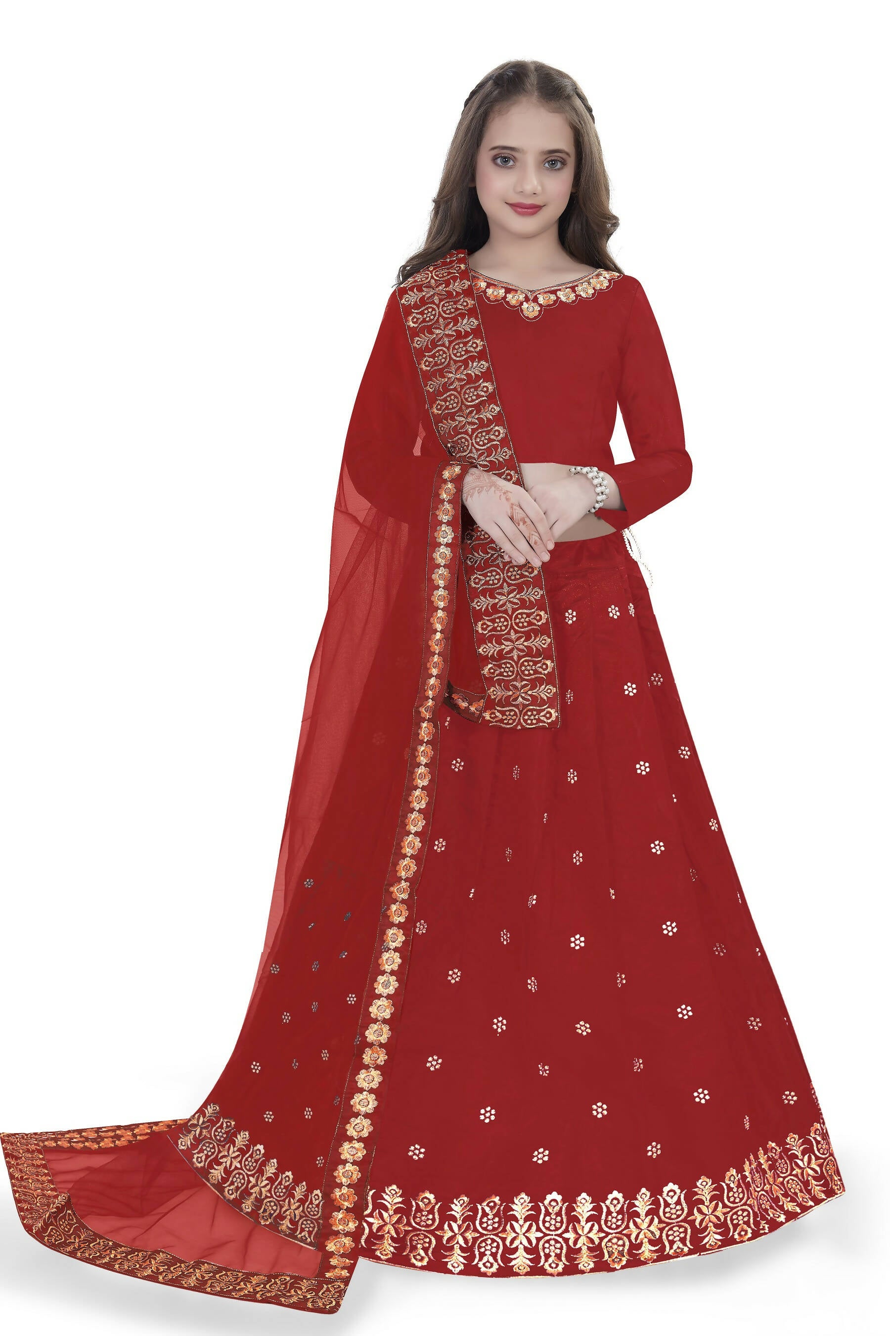 Dwiden Red Queen Tafetta Sattin Semi-Stitched Girl's Lehenga Choli - Distacart