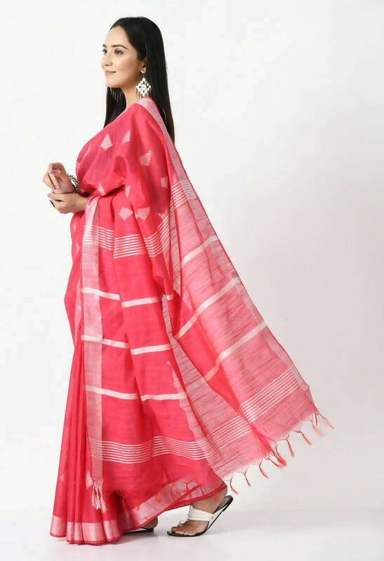 Mominos Fashion Moeza Rose Pink All Over Buti Handloom Silk Saree with unstitched Blouse piece - Distacart