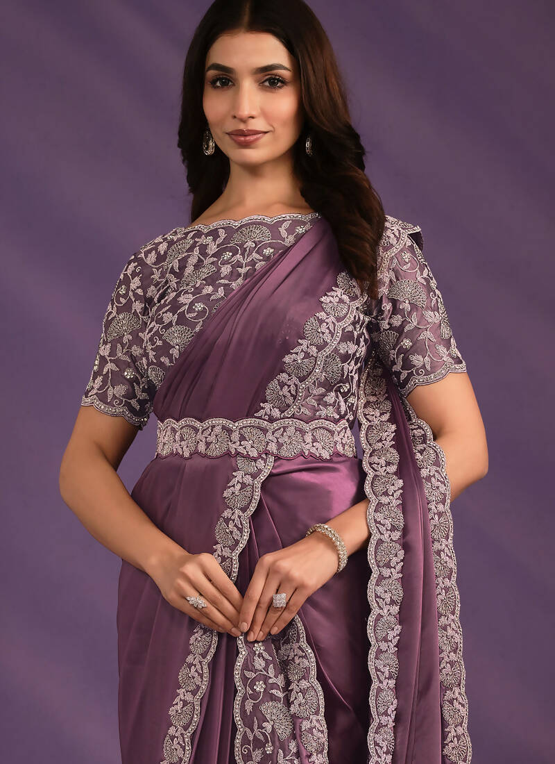 Light Purple Crepe Satin Silk Embroidered Saree With Stitched Blouse - Mohmanthan Exotica - Distacart