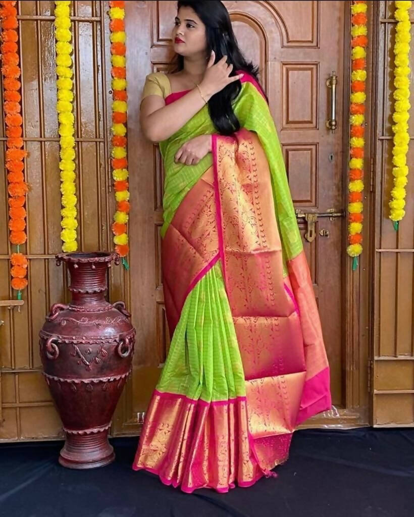 DEIANA'S Beautiful Golden Jari with New Design Soft Lichi Silk Saree - Parrot - Distacart