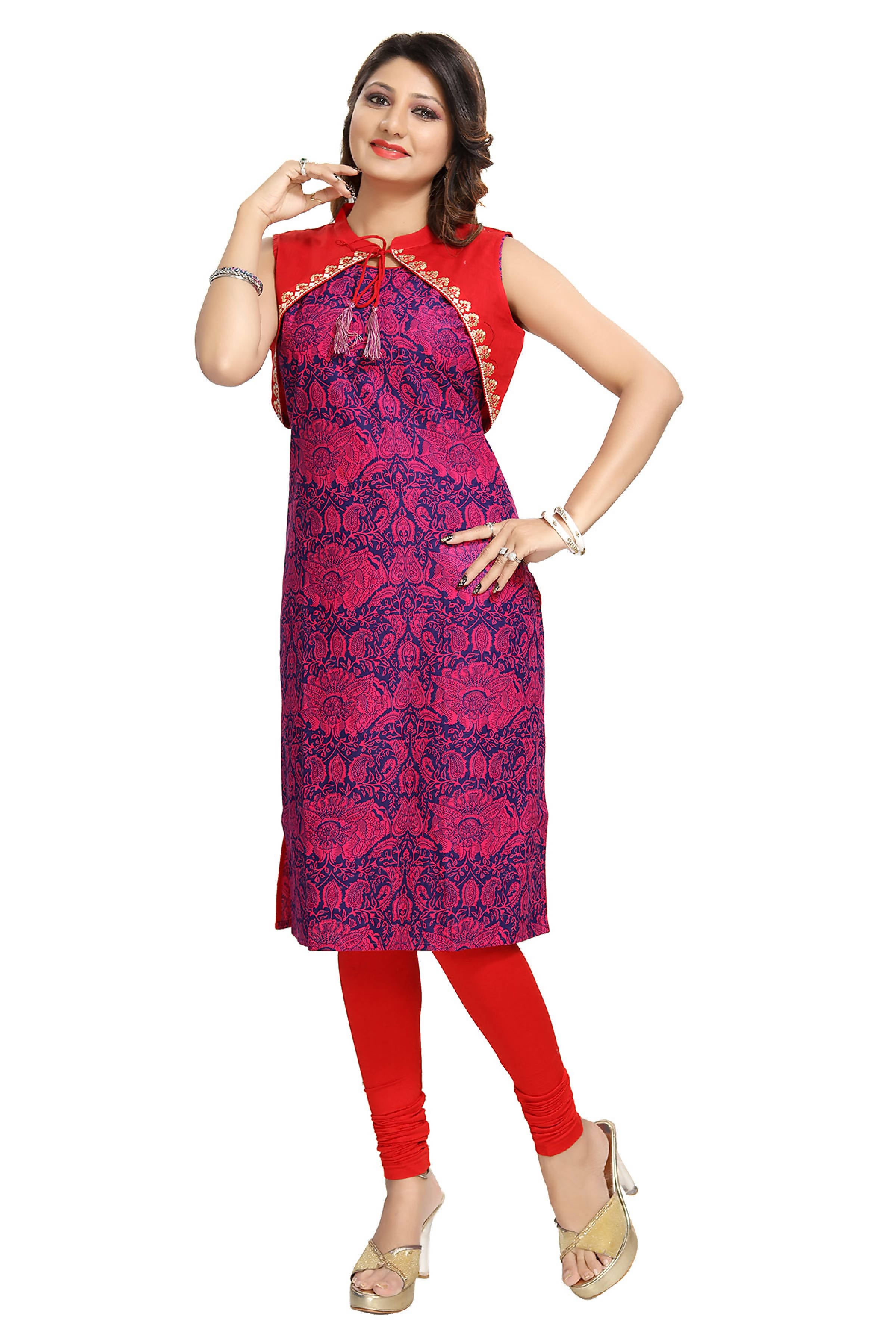 Snehal Creations Pure Purple Jacket Style Printed Sleeveless Kurti For Daily Wear - Distacart