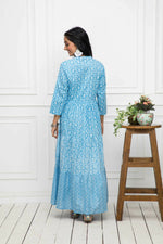 Thumbnail for Myshka Women Blue Floral Cotton A-Line Mandarin Collar Long Dress - Distacart