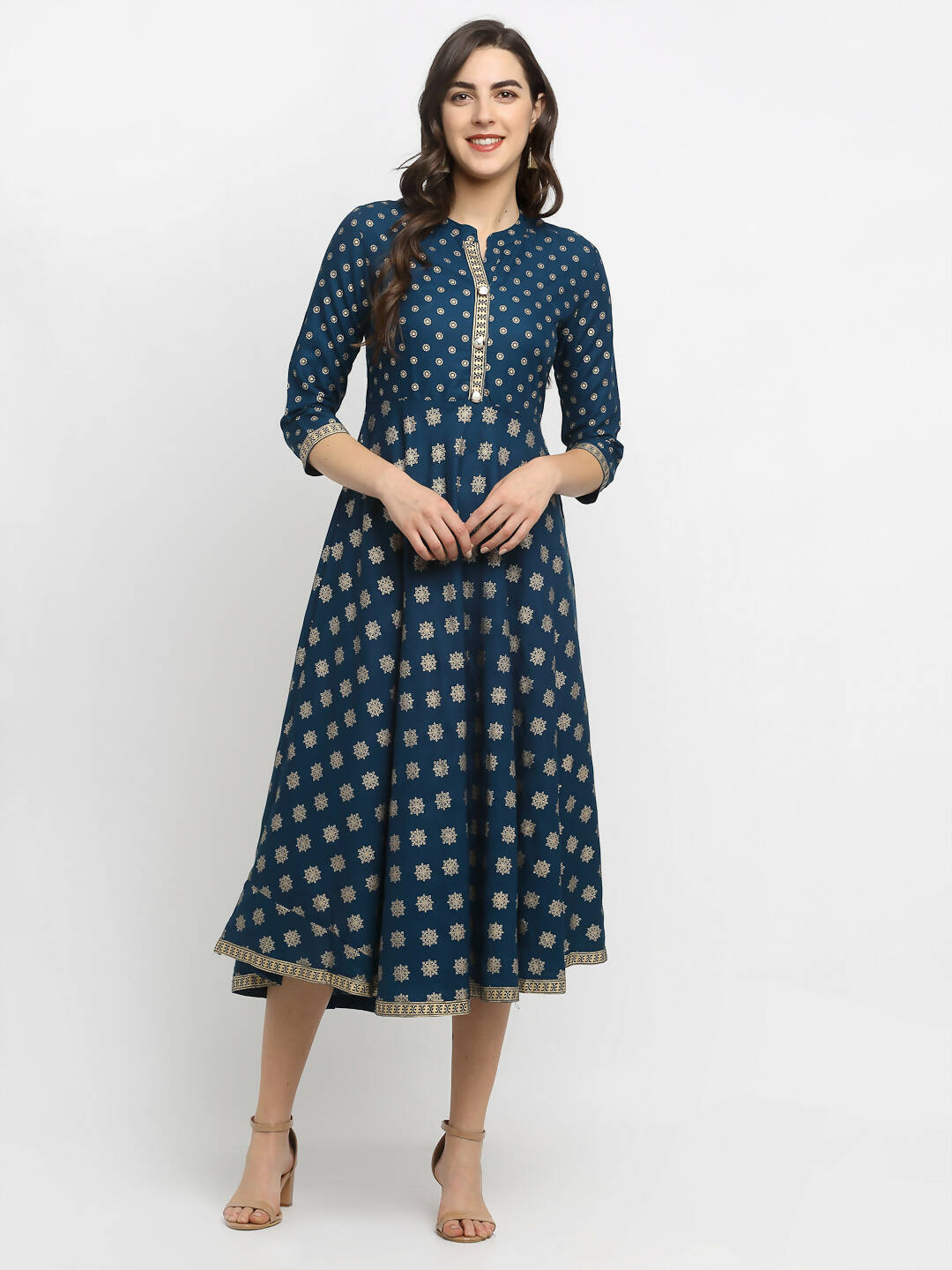 Rudra Bazaar A-Line Gold Floral Printed Turquoise Blue Kurti - Distacart