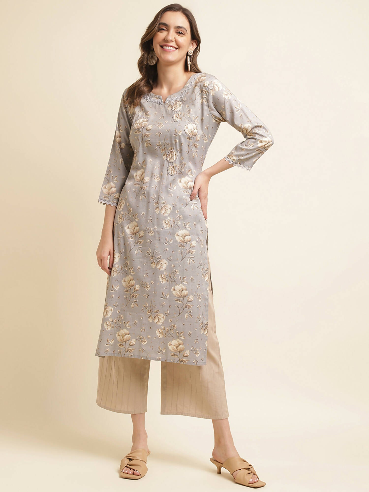 Grey Poly Rayon Floral Printed Straight Kurta - Prasuti - Distacart