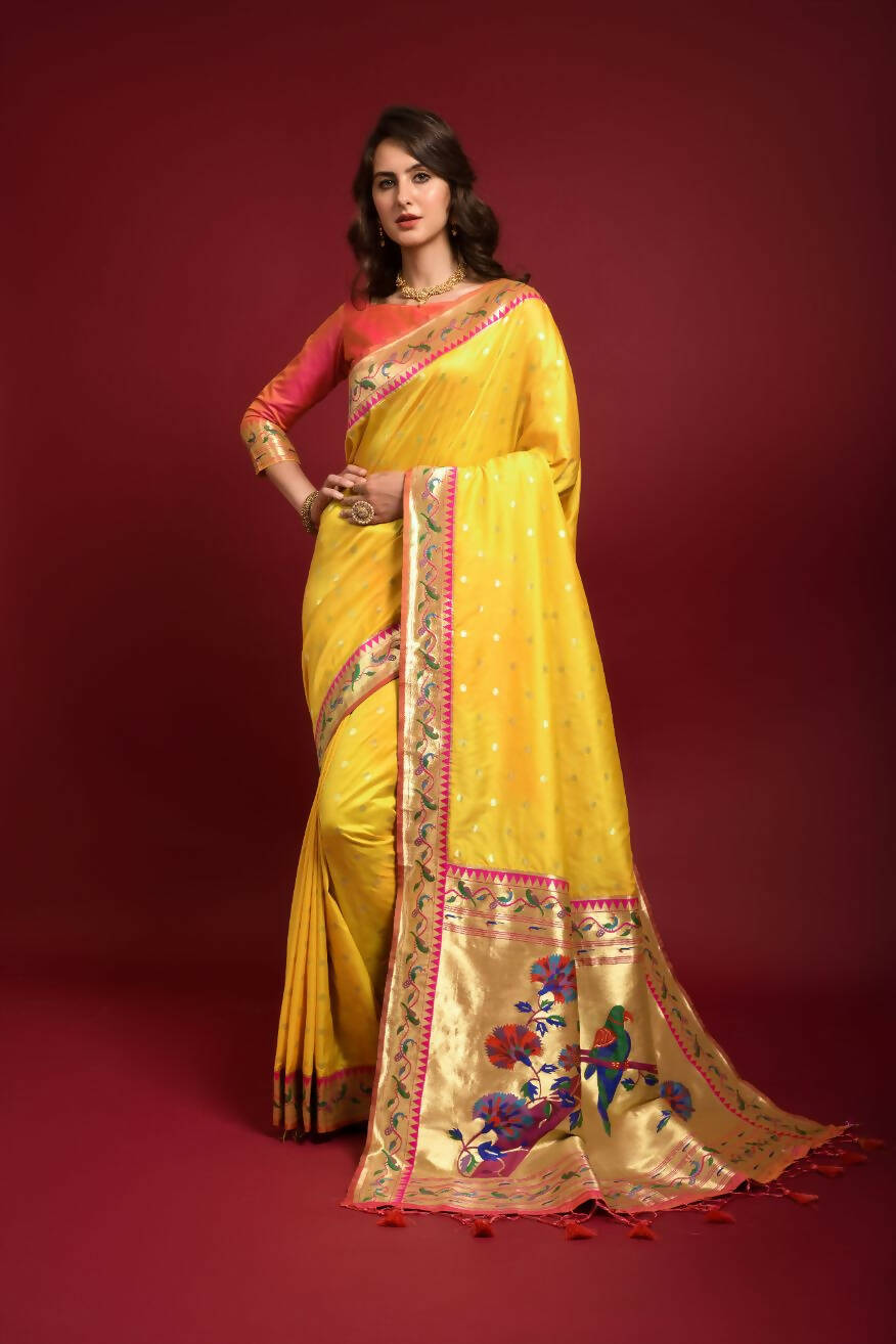 Vishnu Weaves Women's Yellow Paithani Silk Zari Woven Saree with Unstitched Blouse - Distacart