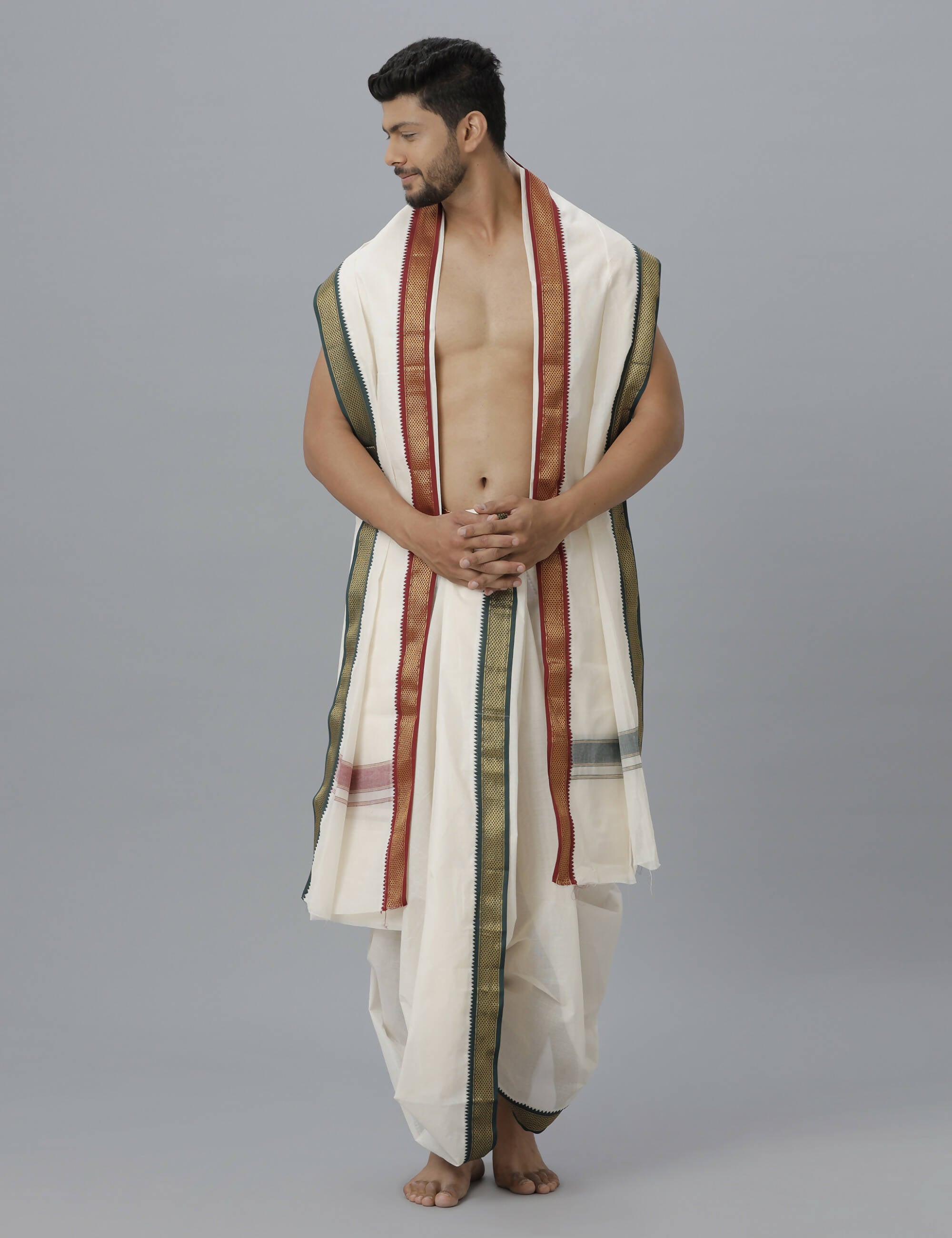 Ramraj Cotton Mens Pure Cotton 5 Khan Jari 9 + 5 Kora Panchakacham Dhoti With Angavastram Set - Distacart
