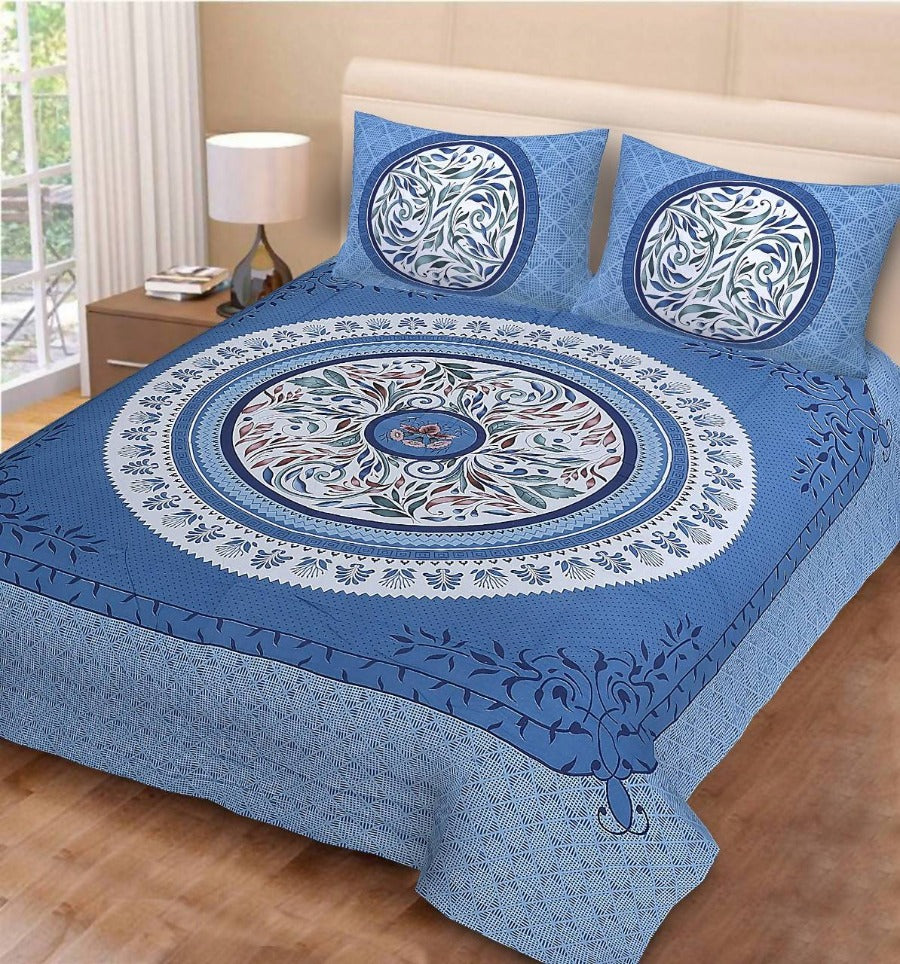 Vamika Printed Cotton Beautiful Blue & Multicolor Bedsheet With Pillow Covers