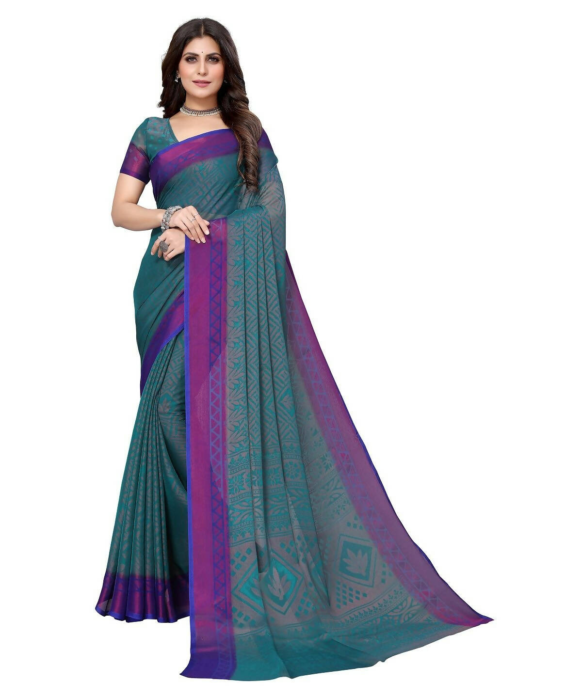 Vamika Rama Green Chiffon Brasso Bollywood Style Woven Saree (BAMBI RAMA) - Distacart