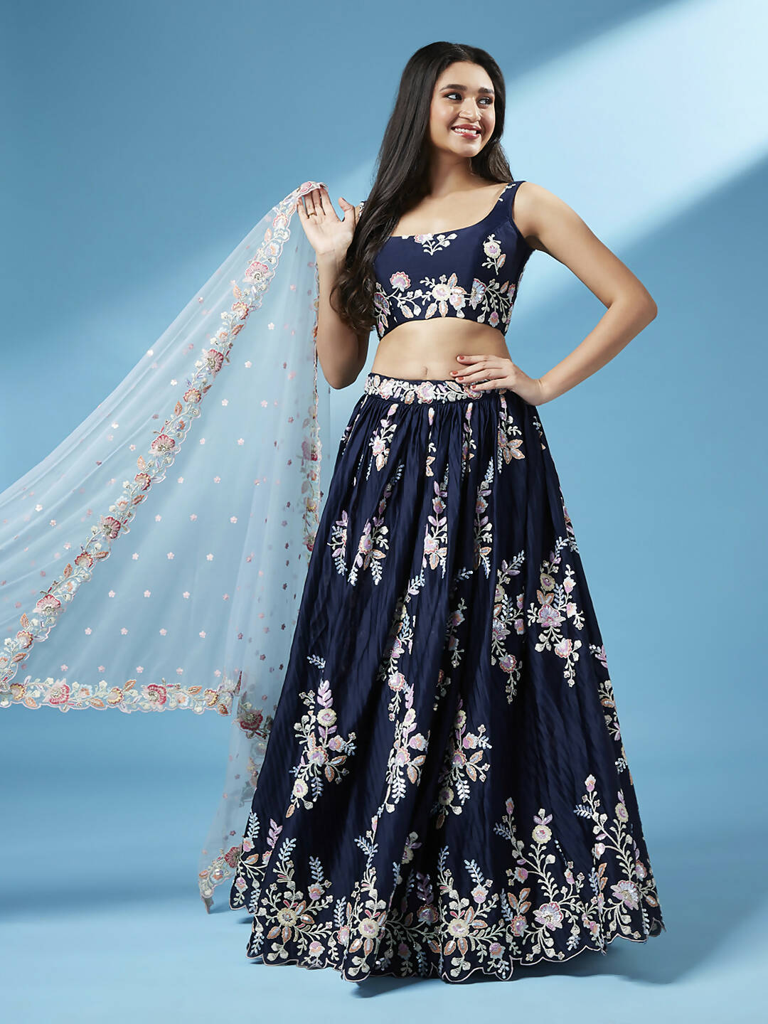 House of Panchhi Navy Blue Pure Georgette Thread & Sequinse Work Lehenga & Blouse, Dupatta - Distacart