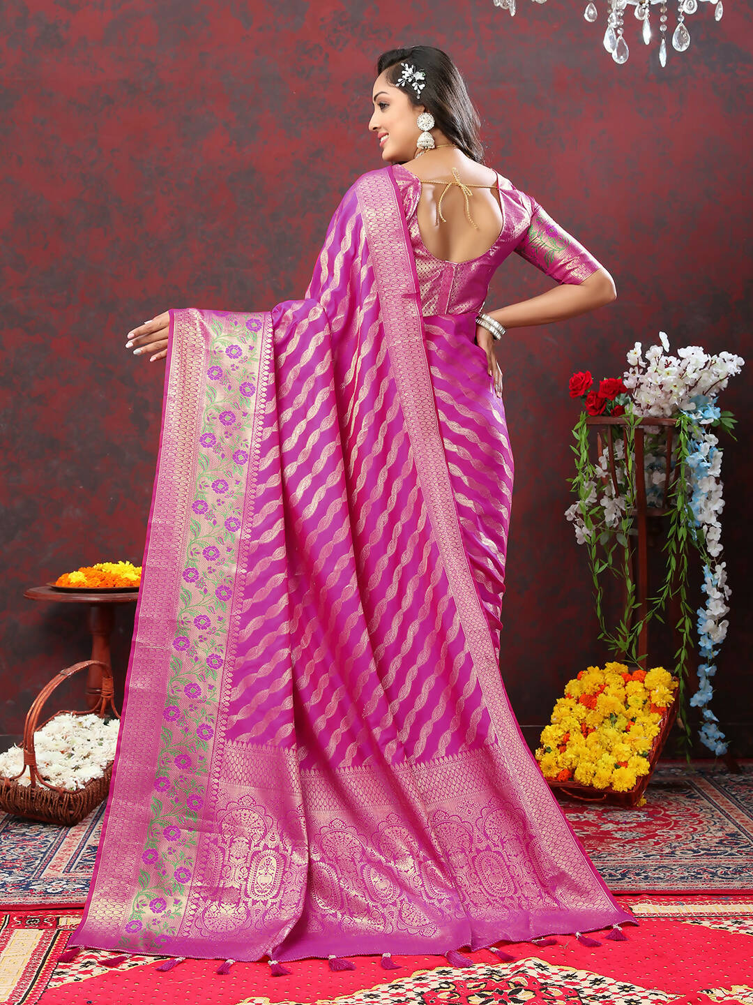 Lorenvalley Fashion Magenta Soft Silk Woven Design with Zari Weaving Leheriya Design Saree - Distacart
