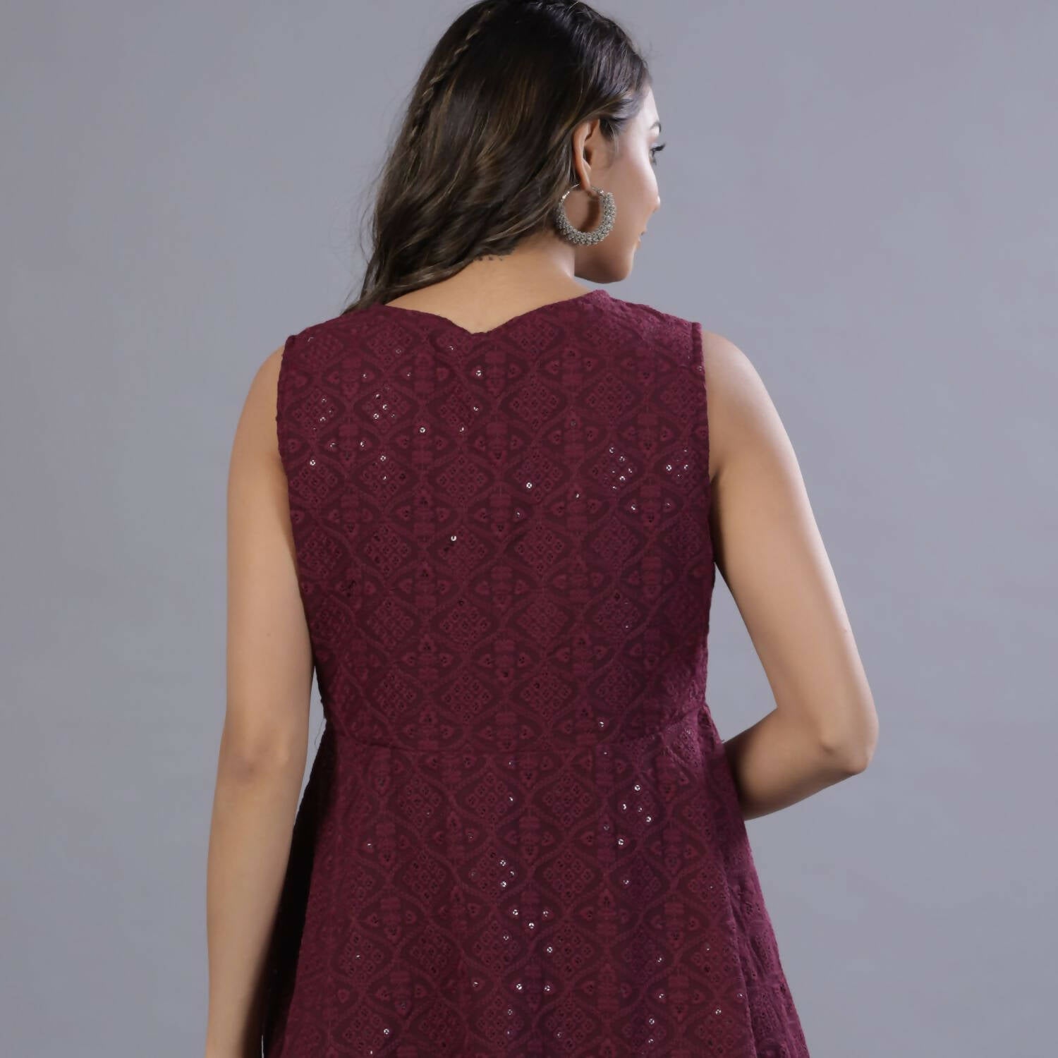 Juniper Women Wine Georgette Embroidered Peplum Tunic - Distacart
