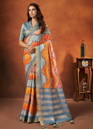 Orange & Blue Rangkat and Crepe Silk Floral Saree With Unstitched Blouse Piece - Mohmanthan Royal Saachi - Distacart