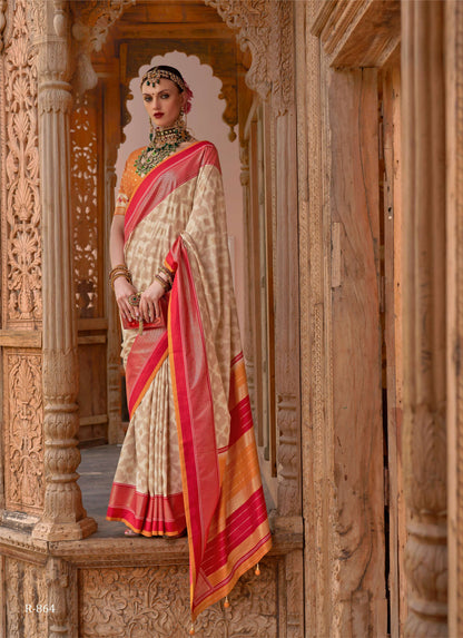 Cream Silk Abstract Printed Saree With Unstitched Blouse Piece - Aanchal - Distacart