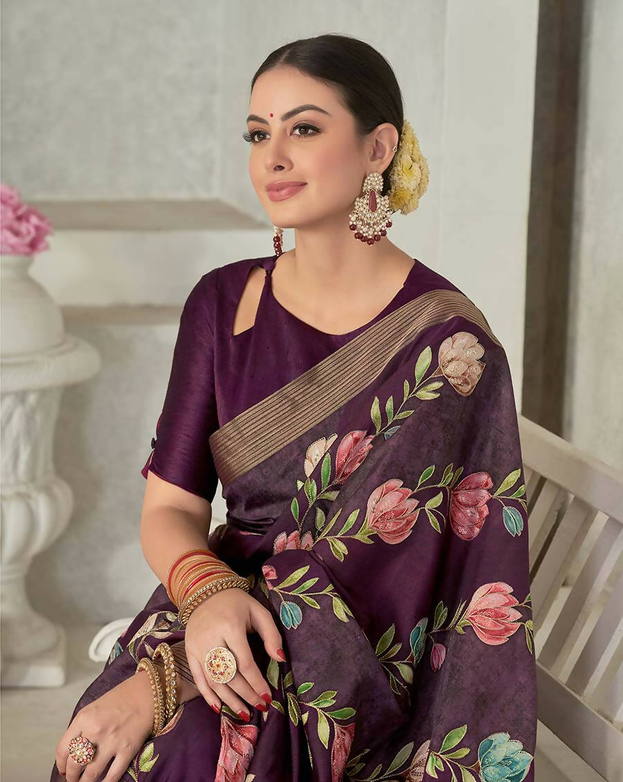 Purple Rangkat Tussar Silk Woven Design Saree with Unstitched Blouse - Mohmanthan Eshani - Distacart