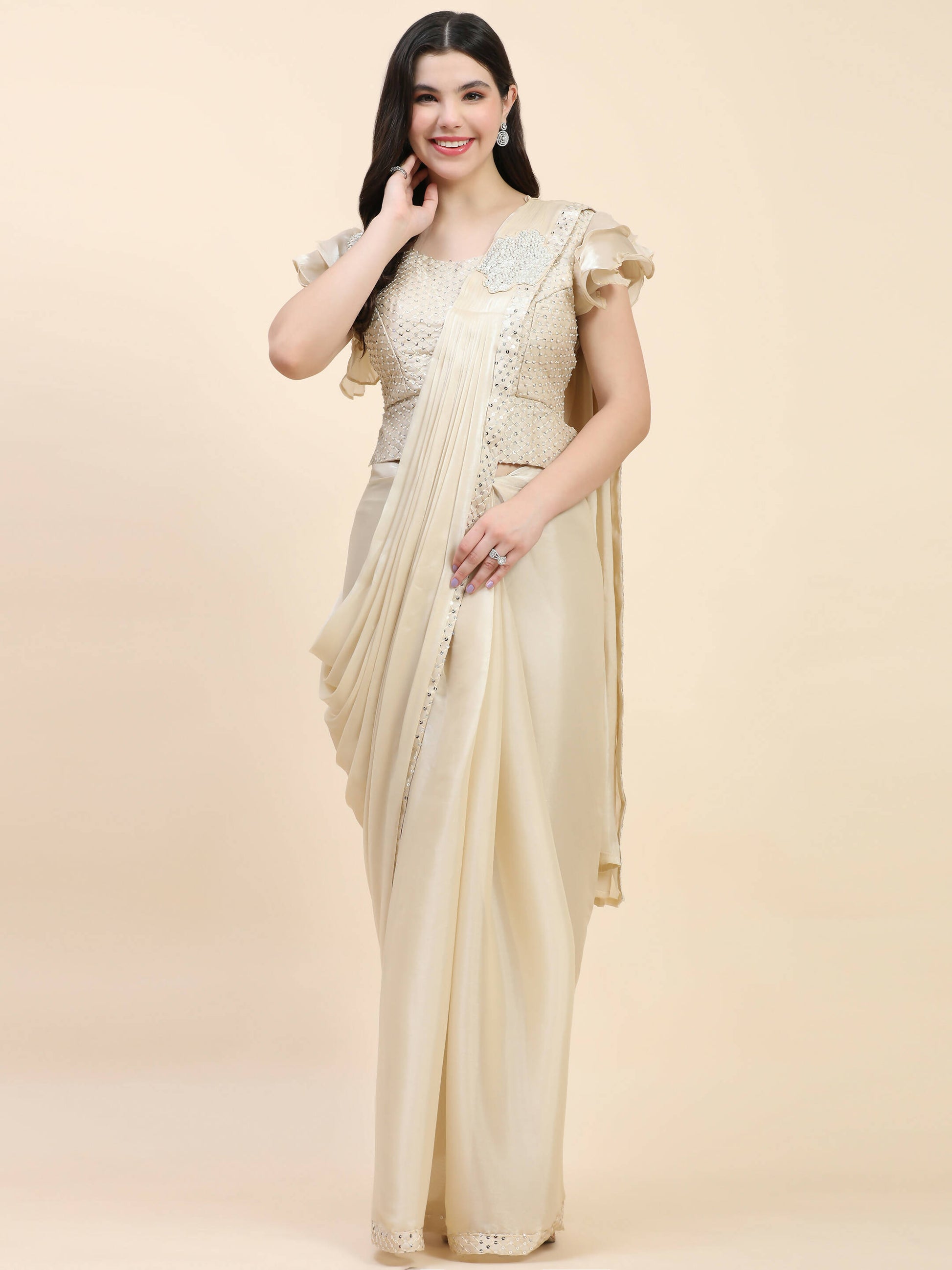 Beige Silk Satin Sequence Work Ready to Wear Saree with stitched Blouse - Nirvana - Distacart