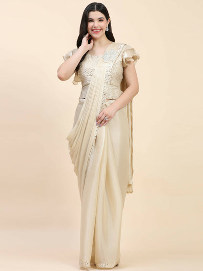 Beige Silk Satin Sequence Work Ready to Wear Saree with stitched Blouse - Nirvana - Distacart
