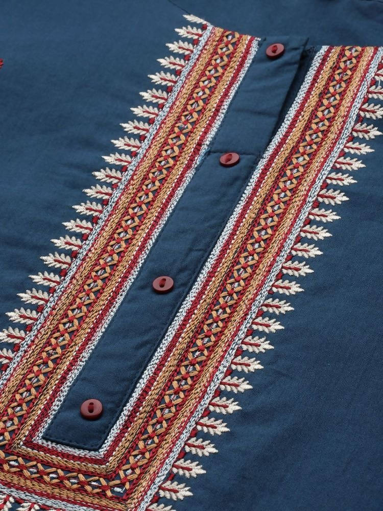 Yufta Navy Blue and Maroon Embroidered Kurta Palazzo Set