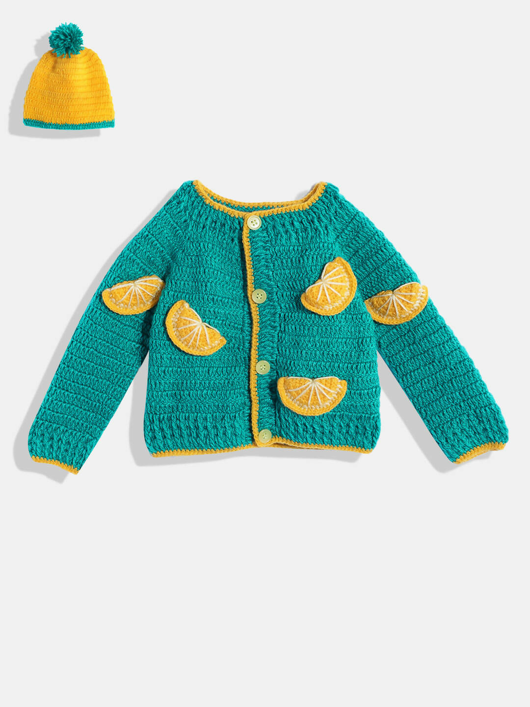Chutput Kids Woollen Hand Knitted Full Sleeves Toffee Detail Sweater With Cap - Green - Distacart