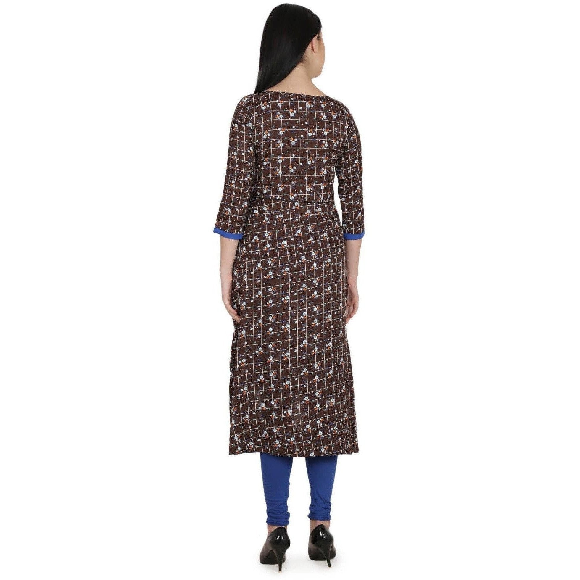 Kanoor Women's Brown High low Round neck kurti