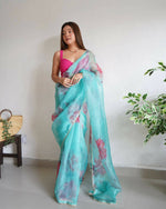 Thumbnail for Vamsee Sky Blue Organza Saree - Distacart