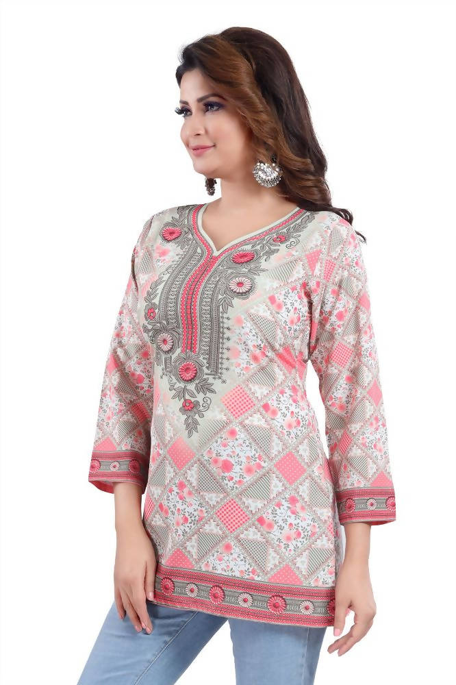 Snehal Creations Precious Pink Faux Crepe Printed Short Kurti Tunic