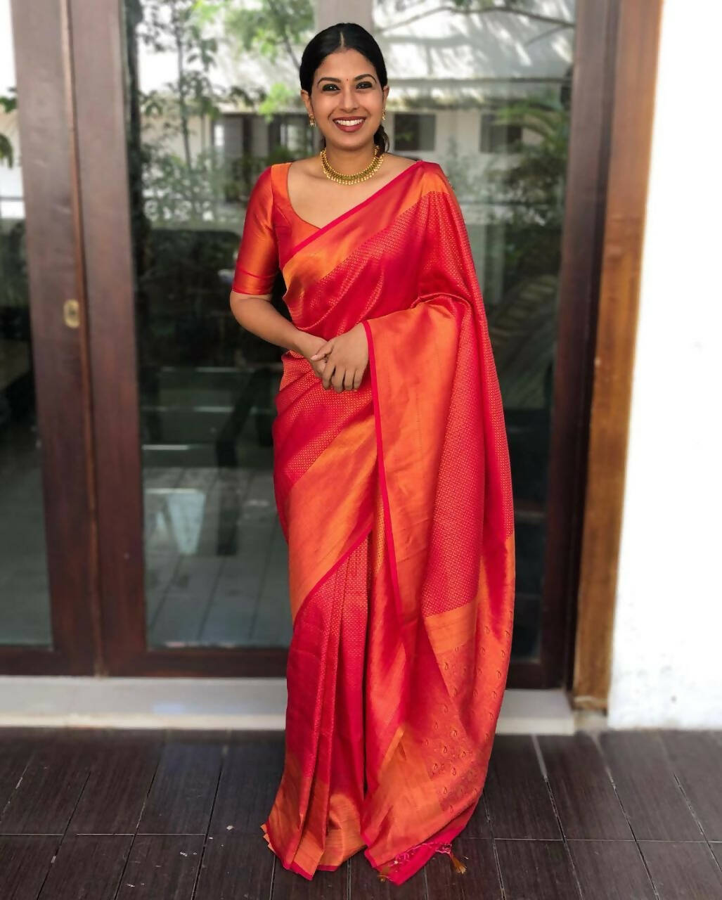 DEIANA'S Beautiful Golden Jari with New Design Soft Lichi Silk Saree - Red - Distacart
