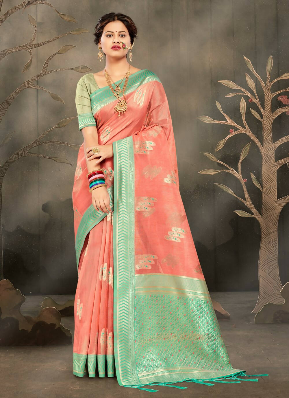 Peach Cotton Zari Woven Design Saree with Unstitched Blouse Piece - Aachal - Distacart