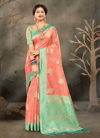 Thumbnail for Peach Cotton Zari Woven Design Saree with Unstitched Blouse Piece - Aachal - Distacart