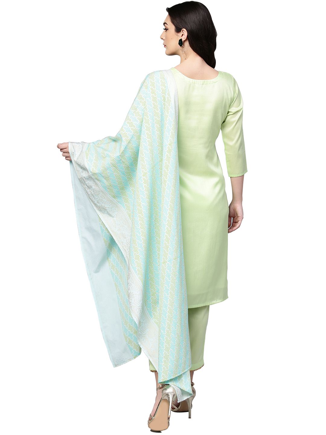 Ahalyaa Women's Sea Green Cotton Blend Solid Kurta Trouser Set With Dupatta