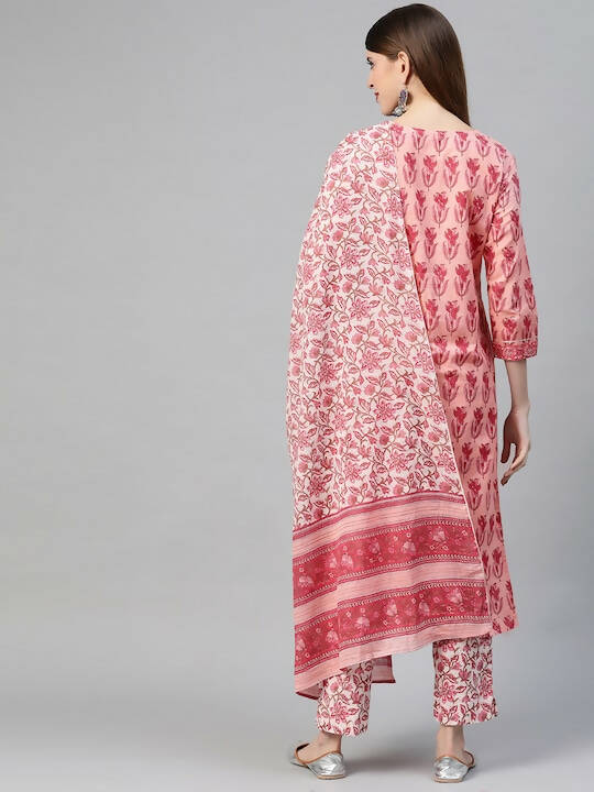 Ahika Women Pink & Off-White Floral Printed Pure Cotton Kurta with Trousers & Dupatta - Distacart