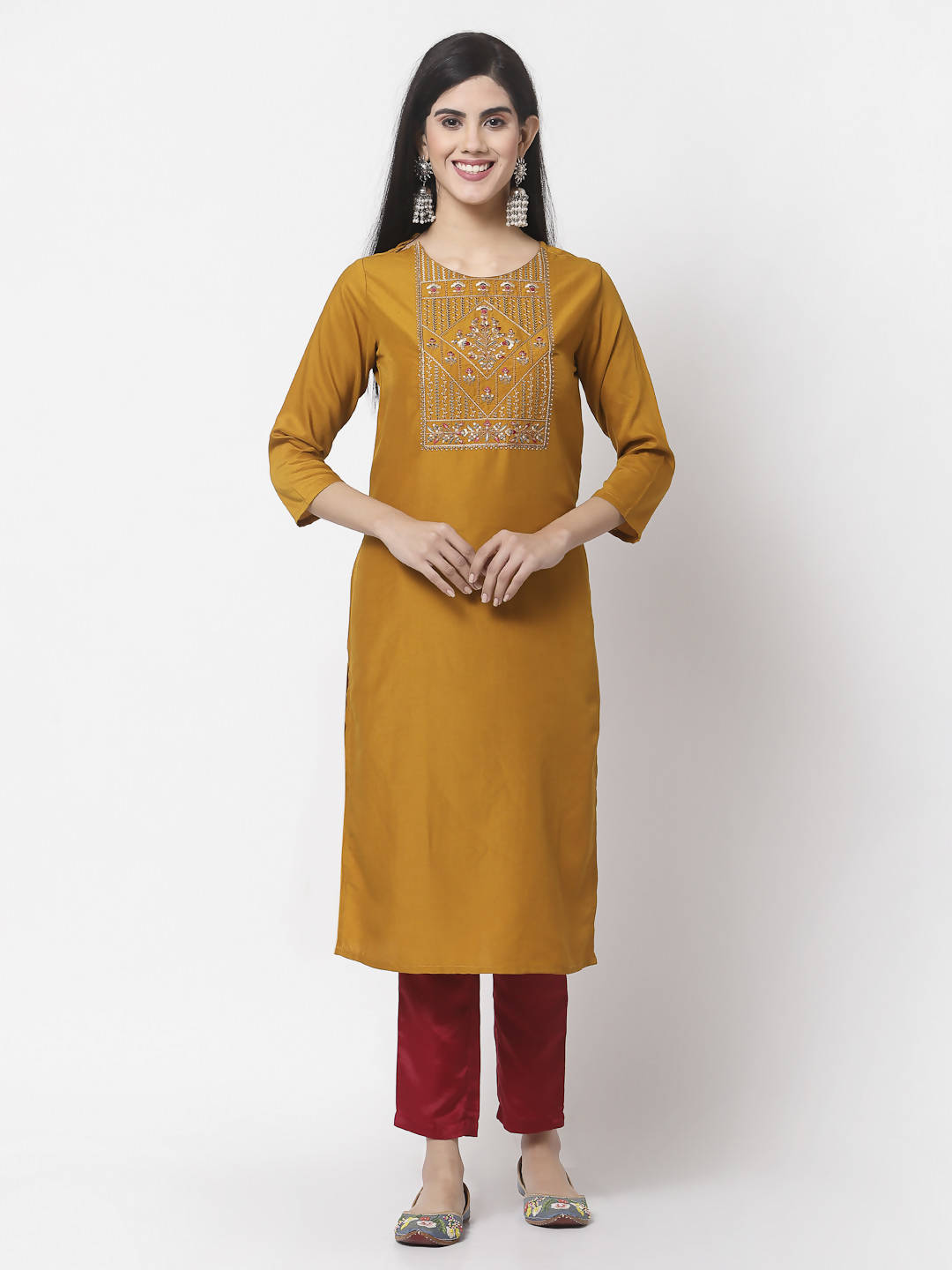 Myshka Women Mustard Viscose Embroidered 3/4 Sleeve Round Neck Kurta Pant Dupatta Set