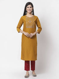 Thumbnail for Myshka Women Mustard Viscose Embroidered 3/4 Sleeve Round Neck Kurta Pant Dupatta Set